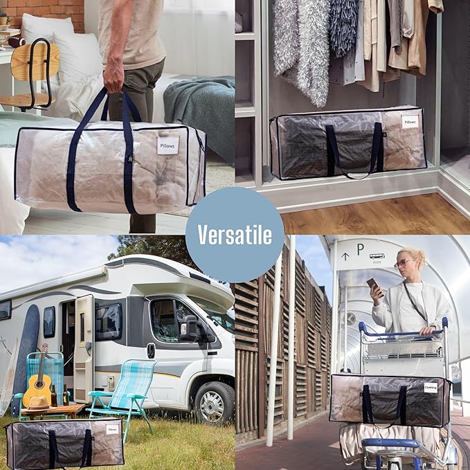 VENO 10 Pack Moving Bags Plastic Storage Totes Clothes Organization Large W Lid/Zipper. Packing Boxes/Bins Alternative. Space Saving Foldable College Supplies Essentials (Clear, 10 Pack)