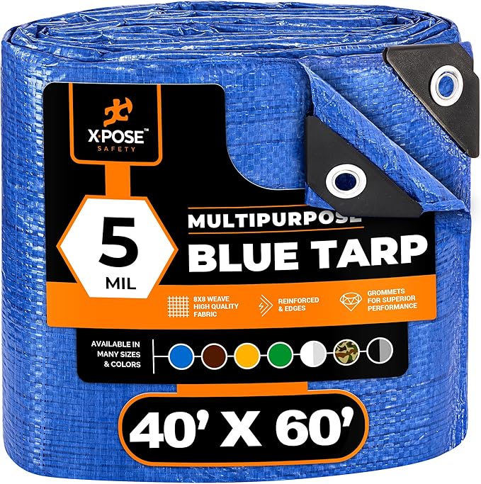 Better Blue Poly Tarp 40' x 60' - (Cut Size) Multipurpose Protective Cover - Lightweight, Durable, Waterproof, Weather Proof - 5 Mil Thick Polyethylene - by Xpose Safety