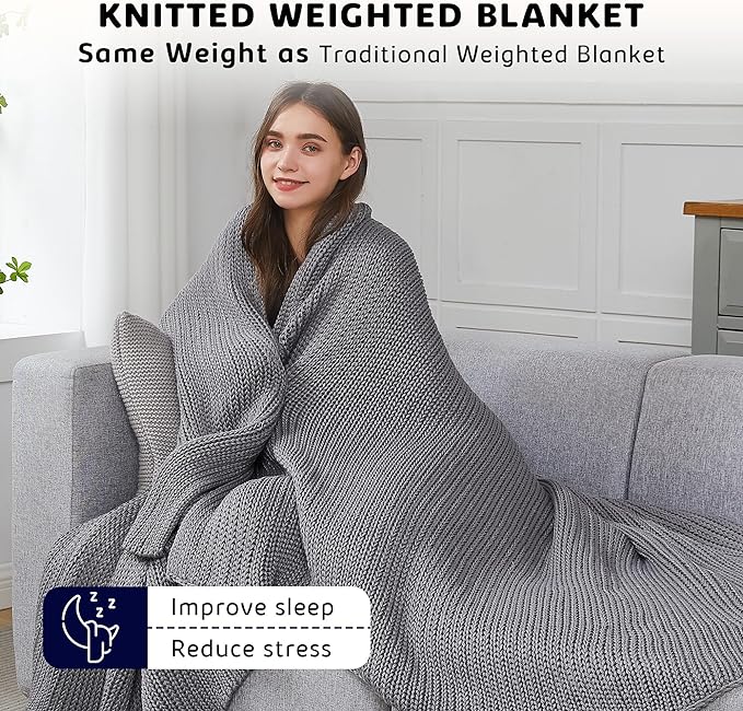 L'AGRATY Knitted Weighted Blanket - 60"x80" 15lbs Cooling Chunky Knit Heavy Blanket for Adults Braided Crochet Throw Thick Cable Yarn Knit Decorative No Beads Evenly Weighted Machine Washable