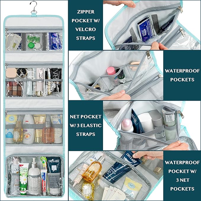 PAVILIA Travel Hanging Toiletry Bag for Women Men, Large Capacity Makeup Bag Kit, Waterproof Cosmetic Storage Organizer Case for Bathroom Shower, Black