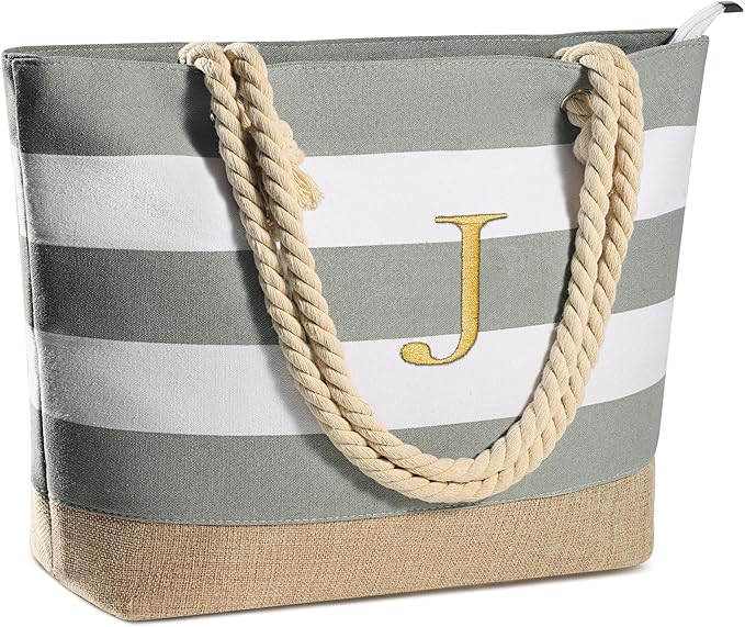 YOOLIFE Initial Canvas Waterproof Beach Tote Bag Zipper Personalized Gifts for Women Her Birthday Travel Beach Essential