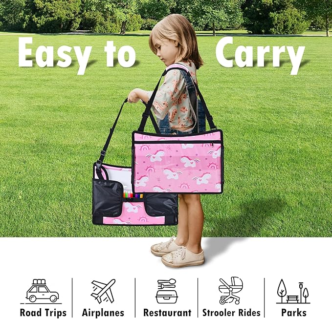 Kids Travel Tray, Car Seat Tray for kids Travel, Toddler Road Trip Essentials With Drawing Kit, Toddler Lap Desk Organizer for Car, Carseat Table for Airplane