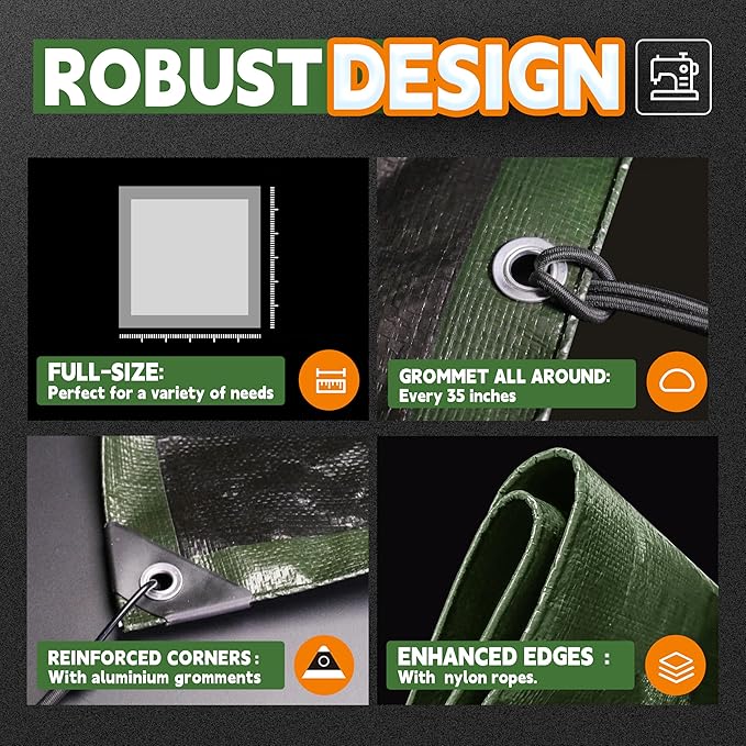 12x16 Feet Tarp Waterproof,9Mil Thick,Finished Size Tarps,UV Resistant,Durable,Multipurpose Poly Tarp Cover with Metal Grommets and Reinforced Edges,Green/Black by RAINDEWAY