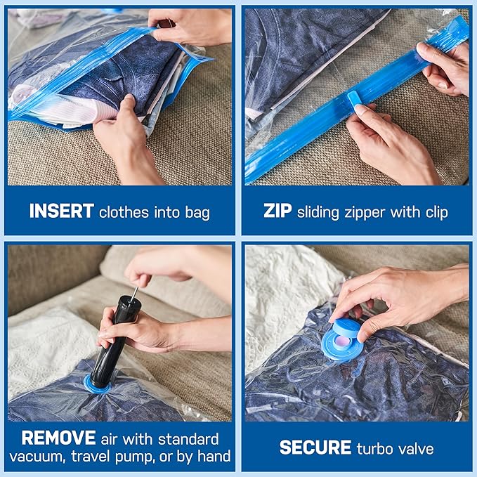 4 Pack Small Vacuum Storage Bags for Comforters, Blankets & Clothes – Vacuum Sealed Compression Bags with Hand Pump – Space Saver Storage Bags for Bedding, Moving, Travel & Organization
