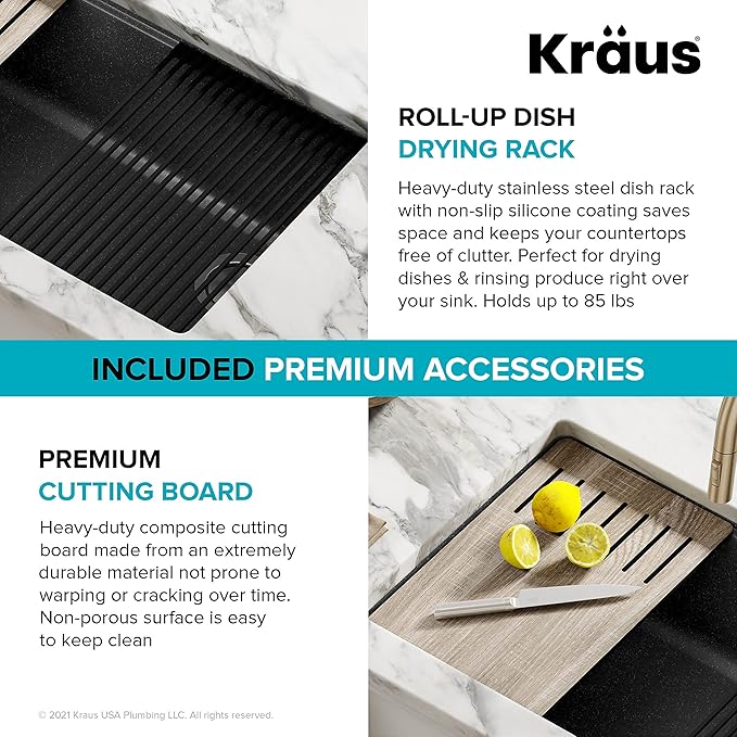 KRAUS Bellucci 32” in. Undermount Workstation Granite Kitchen Sink in Metallic Black with Accessories, KGUW2-33MBL