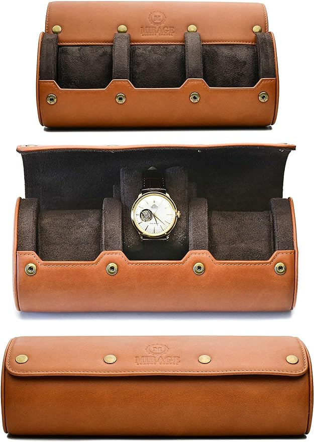 Watch Travel Case for Men – Leather Watch Roll Case Organizer – 3 Watches - Brown Full Grain Cow Leather