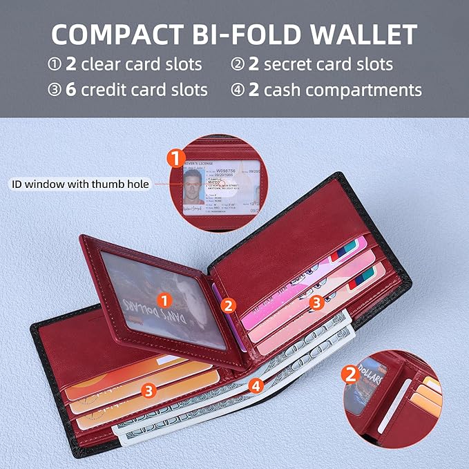 VISOUL Wallet for Men with 2 ID Windows 8 Credit Card Slots 2 Cash Compartments, Carbon Fiber Leather Bifold Mens Wallet with RFID Blocking (Carbon Fiber Black+Burgundy)