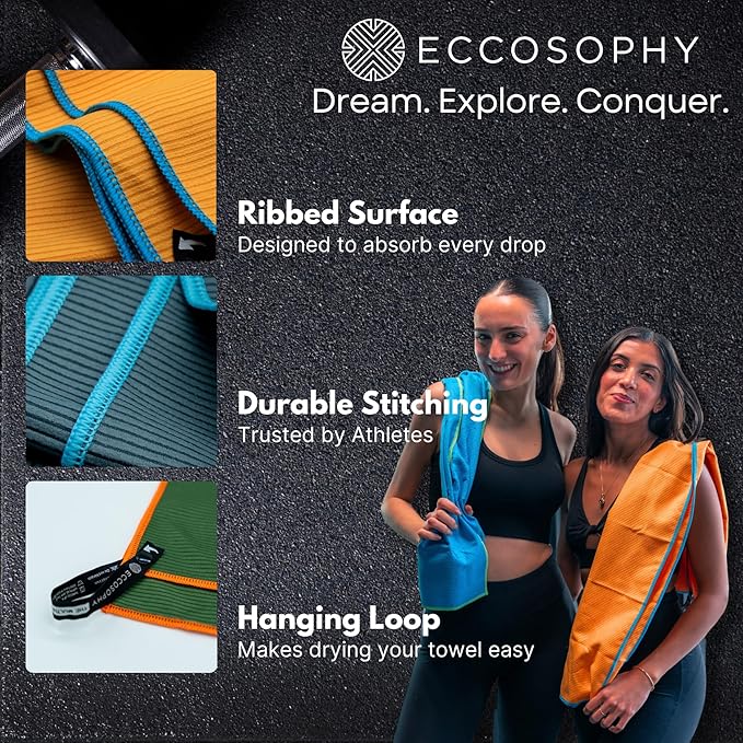ECCOSOPHY Microfiber Beach Towel – Quick Dry Gym Towel, Highly Absorbent with Ribbed Texture, Lightweight – Ideal for Travel, Pool, Yoga, Fitness & Outdoor Adventures – 40x20 Aqua
