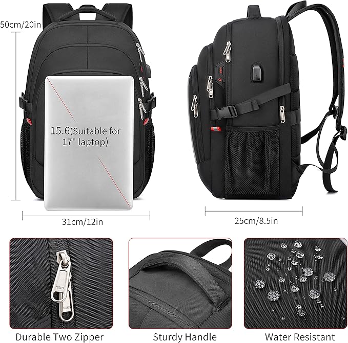 17.3 inch Laptop Backpack,School Bookbag Computer Rucksack with USB Charging Port,Water Resistant Sturdy Bagpack for Business College School Travel,Men Women Casual Daypack,Black