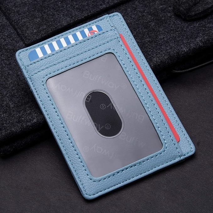Buffway Slim Minimalist Front Pocket RFID Blocking Leather Wallets for Men and Women - Lichee Blue Grey