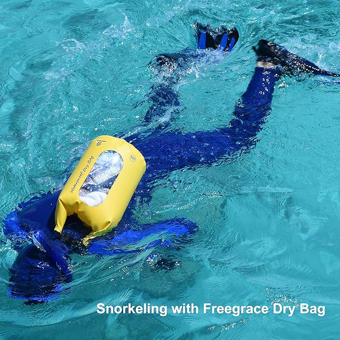 Freegrace Waterproof Dry Bags Set Of 3 Dry Bag With 2 Zip Lock Seals & Detachable Shoulder Strap, Waist Pouch & Phone Case - Can Be Submerged Into Water - For Swimming (Yellow(Window), 5L)