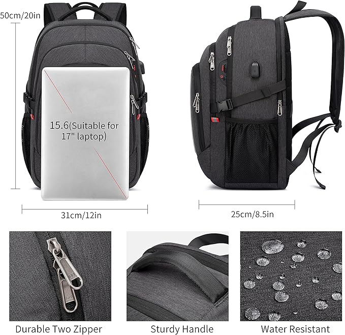 Backpack,17.3in Durable Travel Laptop Backpack, College Backpack,RFID Anti Theft Pocket Big Business Computer Bag,Water Resistant School Bookbag for Teens Men Women,Gifts Grey