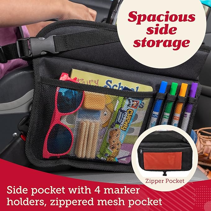 Lusso Gear Car Seat Tray - 1-Pack Black - 600D Oxford Lap Desk Organizer & Tablet Stand with Dry-Erase Surface, Snack & Cup Holder - Kids Travel Tray for Car Seat