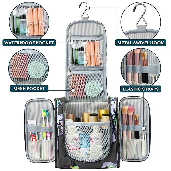 PAVILIA Toiletry Bag Travel Bag for Women Men, Hanging Cosmetic Organizer, Water Resistant Makeup Bag for Accessories Toiletries, Large Travel Essentials Kit (Floral Grey)