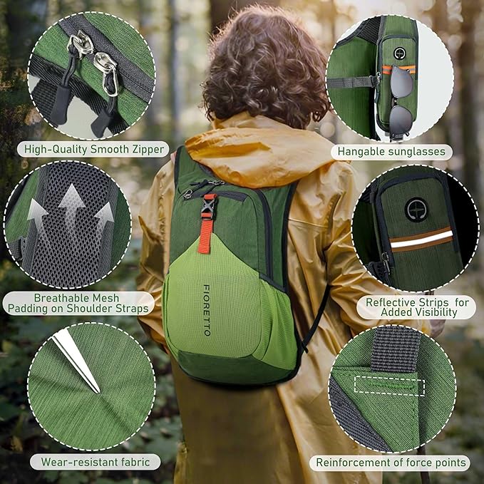 FIORETTO 15L Hiking Backpack for Women Men Mini Packable Backpack Lightweight Small Daypack for Camping Travel Outdoor, Green