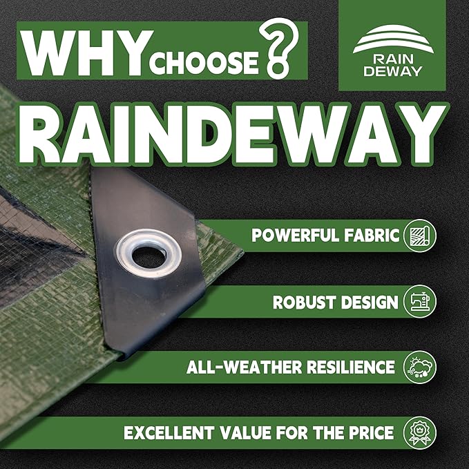 12x12 Feet Tarp Waterproof,9Mil Thick,Finished Size Tarps,UV Resistant,Durable,Multipurpose Poly Tarp Cover with Metal Grommets and Reinforced Edges,Green/Black by RAINDEWAY