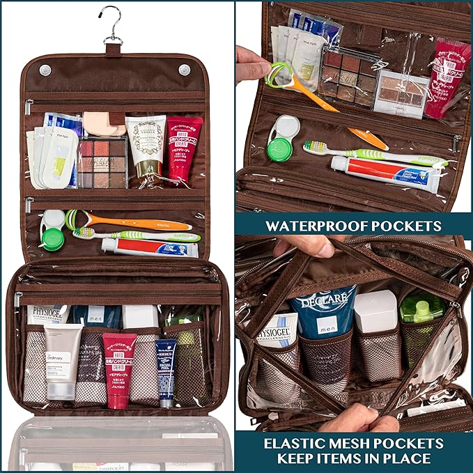 PAVILIA Hanging Toiletry Bag Women Men, Foldable Cosmetic Organizer Travel Bag, Water Resistant Makeup Bag Toiletries, Large Travel Essentials Kit (Dark Brown)