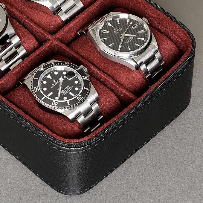 ROTHWELL 5 Watch Travel Case Storage Organizer for 5 Watches | Tough Portable Protection w/Zipper Fits All Wristwatches & Smart Watches Up to 50mm (Black/Red)