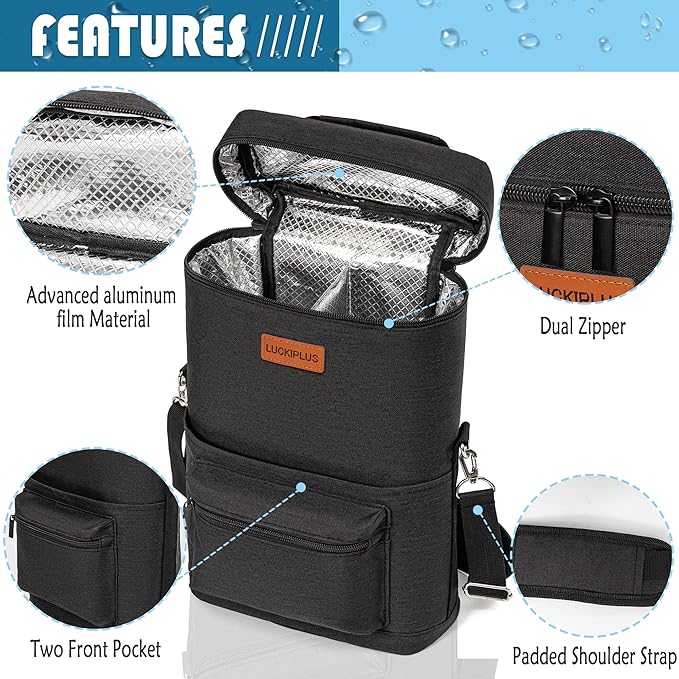 Insulated Wine Carrier Bag for 2 Bottles with Padded Shoulder Strap