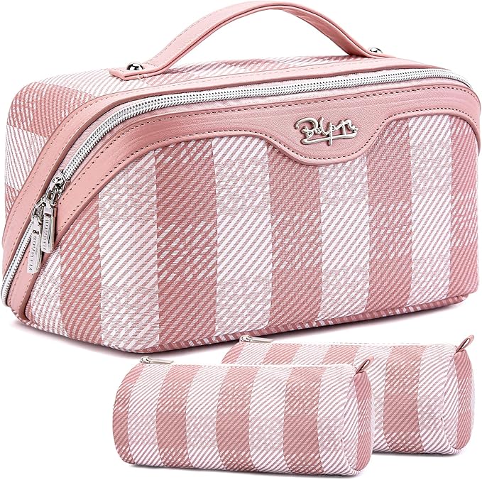 BOYATU Makeup Bag Travel Cosmetic Bag: 3 Pcs Set Portable Make up Bags for Women with Handle - Waterproof Vegan Leather Toiletry Organizer Bags with Comparments (F-03-Pink)