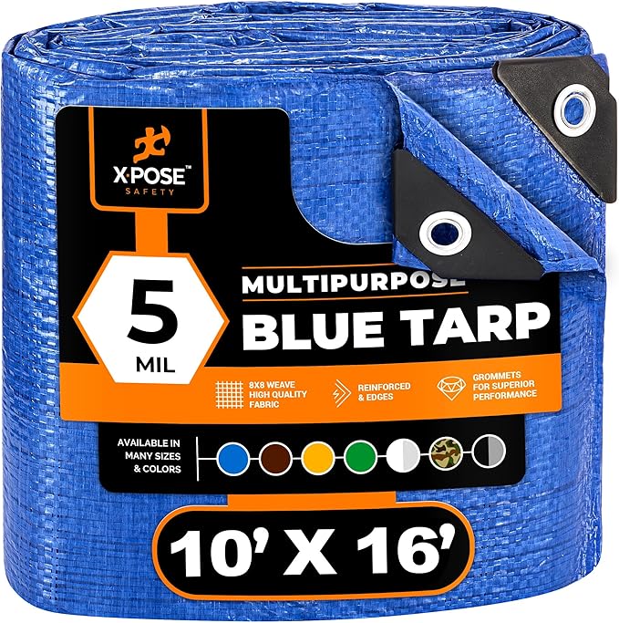 Better Blue Poly Tarp 10' x 16' - Multipurpose Protective Cover - Lightweight, Durable, Waterproof, Weather Proof - 5 Mil Thick Polyethylene - by Xpose Safety