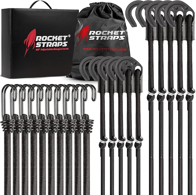 Rocket Straps - Ultimate Adjustable Outdoor Bungee Cord Assortment - Heavy Duty Set of 20 Bungee Cords (48") Double-J Hooks - Elastic Straps for Camping, Securing, and DIY Multipurpose