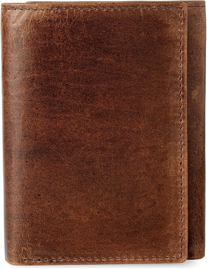 BULL GUARD Leather Trifold Wallets For Men In Grizzly Brown with ID and RFID Blocking Great For Work, Sports, Outdoors, No Logo Design