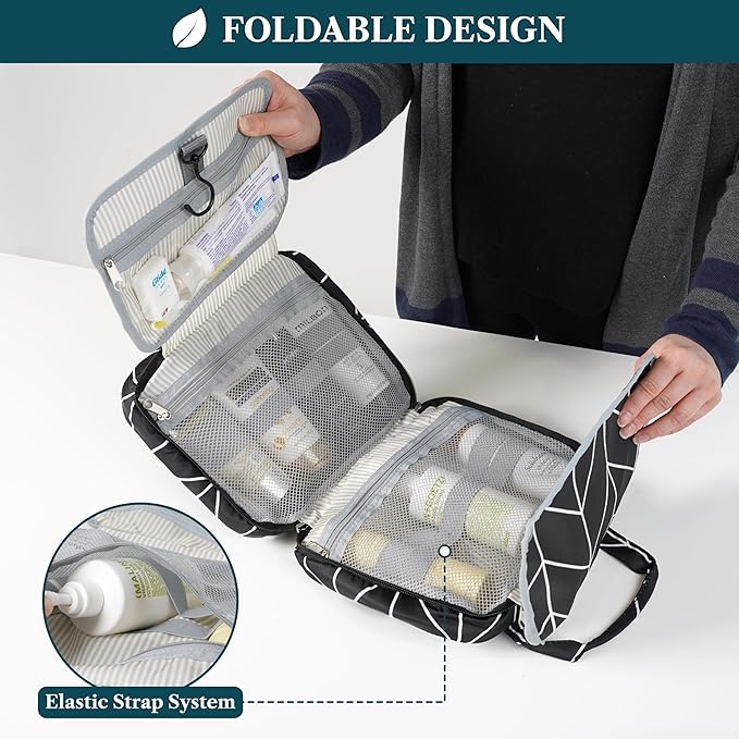 PAVILIA Hanging Toiletry Bag Travel Bag Women Men, Foldable Cosmetic Organizer, Roll up Makeup Bag, Water Resistant Accessories Toiletries, Large Travel Essentials Kit (Black Chevron)