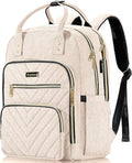 Laptop Backpack for Women, High School Bookbag for Girls with USB Port Charging, 15.6 Inch Water Resistant Computer Bag for Work, Travel College Back Pack Purse Gifts for Student Teacher, Beige
