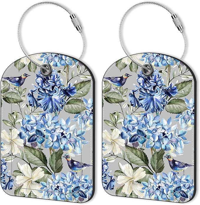 2 PCS Leather Luggage Tags for Suitcase Hibiscus Flowers Bird Travel Luggage Tag with Privacy Flap Name ID Label and Metal Loop for Travel Bag Suitcase