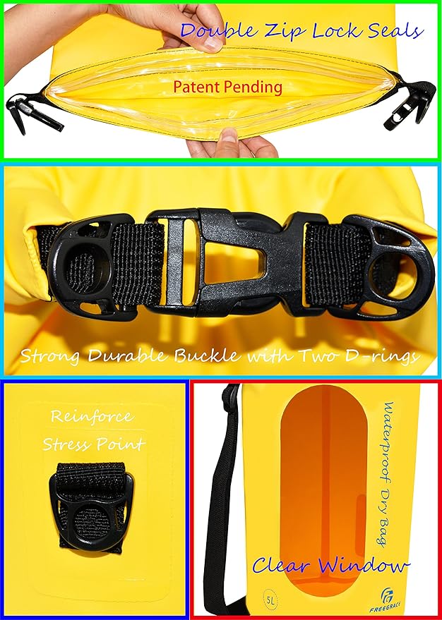 Freegrace Waterproof Dry Bags Set Of 3 Dry Bag With 2 Zip Lock Seals & Detachable Shoulder Strap, Waist Pouch & Phone Case - Can Be Submerged Into Water - For Swimming (Yellow(Window), 5L)