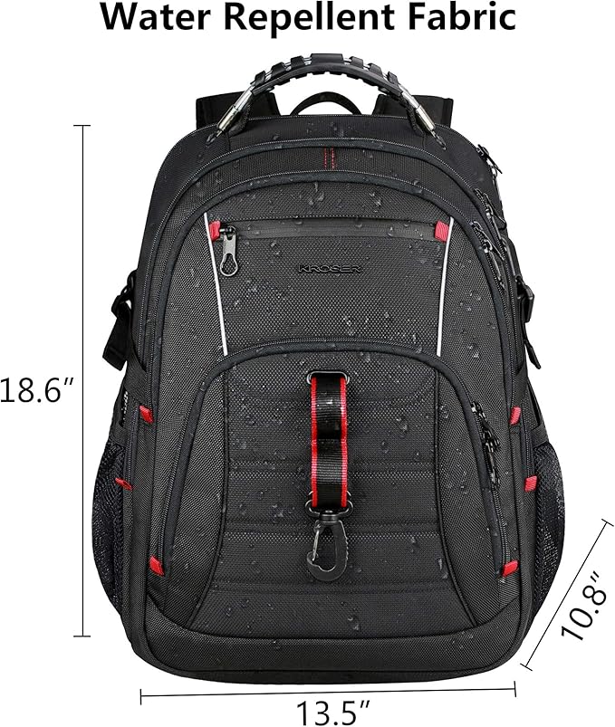KROSER Travel Laptop Backpack 17.3 inch XL Computer Backpack Stylish College Backpack with RFID Pockets USB Charging Port REFLECTIVE STRIPS Water-Repellent Daypack for Business/Men