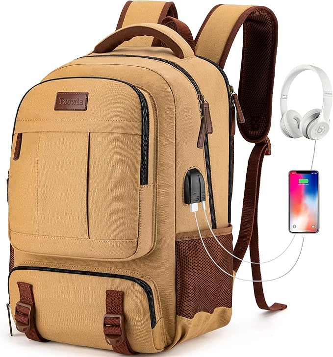 Tzowla Canvas Laptop Backpack, Bag for Men Women,Travel Work Rucksack Fits 15.6 Inch Laptop, Bookbag with USB Charging Port
