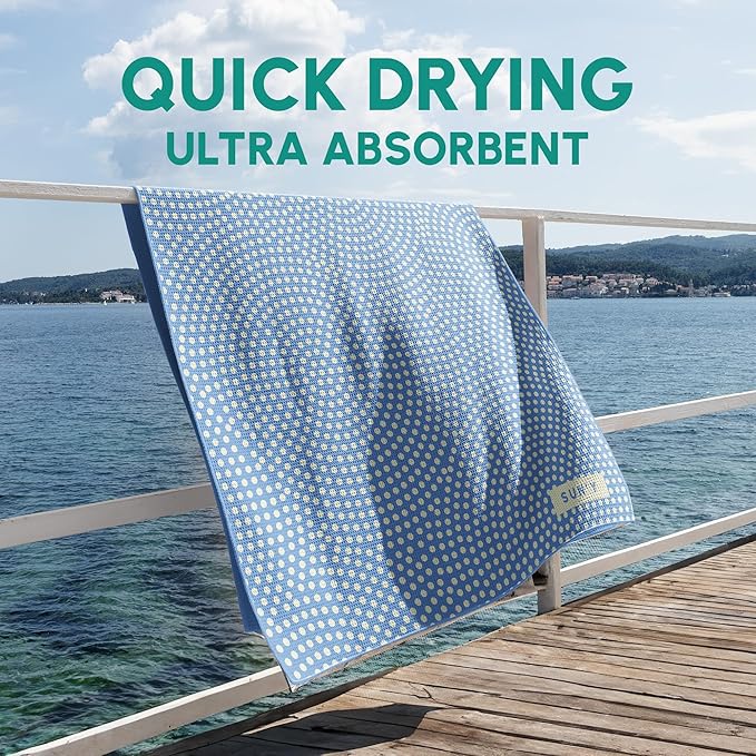 SUN'Y Waffle Microfiber Beach Towel – Sand Free, Quick Dry, Ultra Absorbent, Lightweight & Compact Travel Towel with Carry Bag - Large (63” x 31.5”), Raindrop