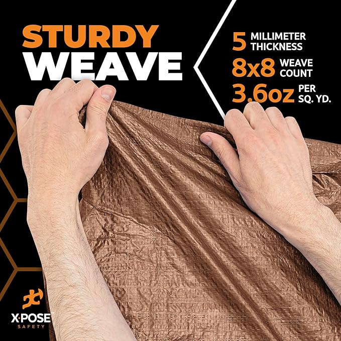 Multipurpose Protective Cover Brown Poly Tarp 30' x 50' - Durable, Water Resistant, Weather Resistant - 5 Mil Thick Polyethylene - by Xpose Safety