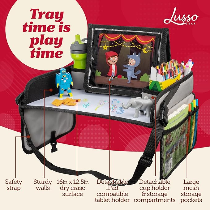 Lusso Gear Lap Tray for Toddler and kids, Table Tray for Travel, Car Seat, Airplane, Desk Essential Accessories and Road Trip Activities (Gray)