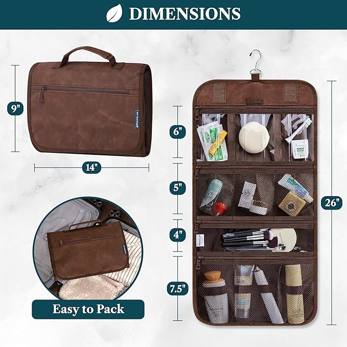 PAVILIA Hanging Toiletry Bag Men Women, Travel Kit Foldable Large Toiletries Organizer, Roll up Cosmetics Makeup Bag Accessories, Waterproof Essentials Dopp Case (Brown)