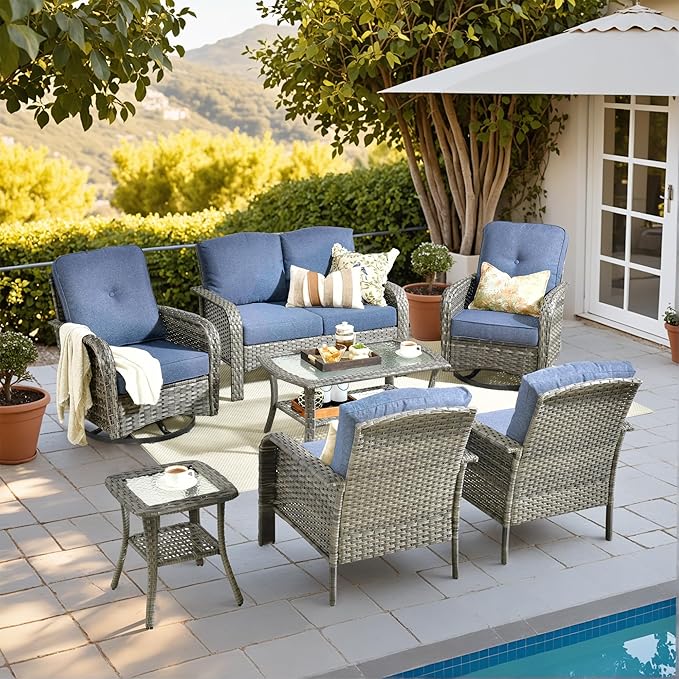 HOOOWOOO Patio Furniture Set,7 Pieces Outdoor Conversation Set,All Weather Wicker Loveseat Sofa Set with High Back Swivel Rocking Chairs Tables,Denim Blue