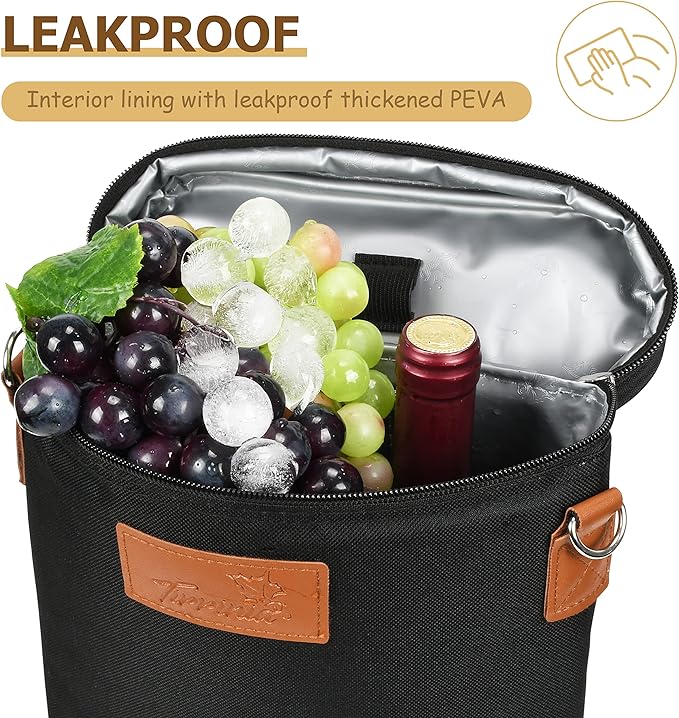 Tirrinia 2 Bottle Leakproof Insulated Wine Tote Carrier Bag - Padded Cooler for Travel, Restaurants, Tasting, Parties, Great Gift for Wine Lovers