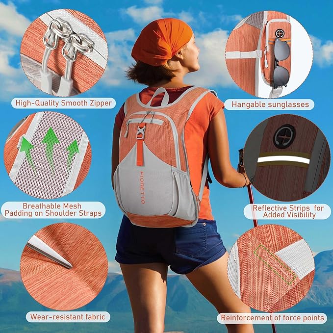 FIORETTO 15L Hiking Backpack for Women Men Mini Packable Backpack Lightweight Small Daypack for Camping Travel Outdoor, Orange