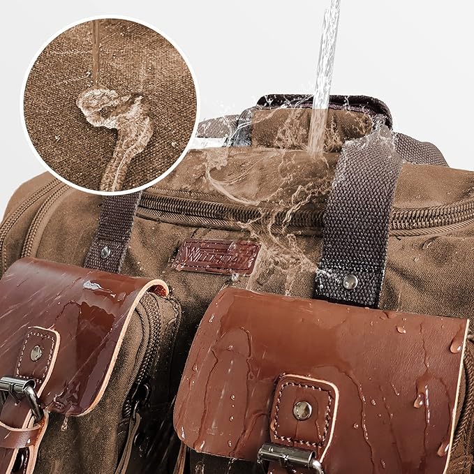 Wildroad Waxed Canvas Genuine Leather 50L Waterproof Duffle Bag - Vintage Travel Weekender Overnight Carry On