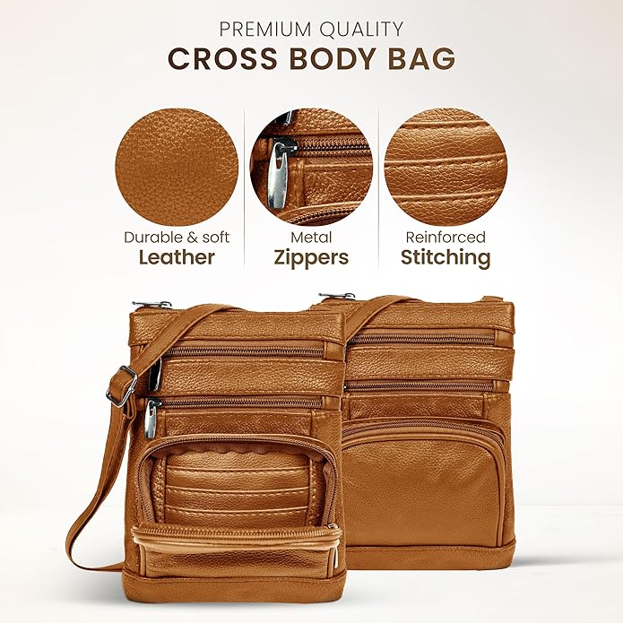 Krediz leather Crossbody Purses for Women, Multi Pocket Crossbody Purse with Adjustable Strap, Soft & Durable Leather Purse