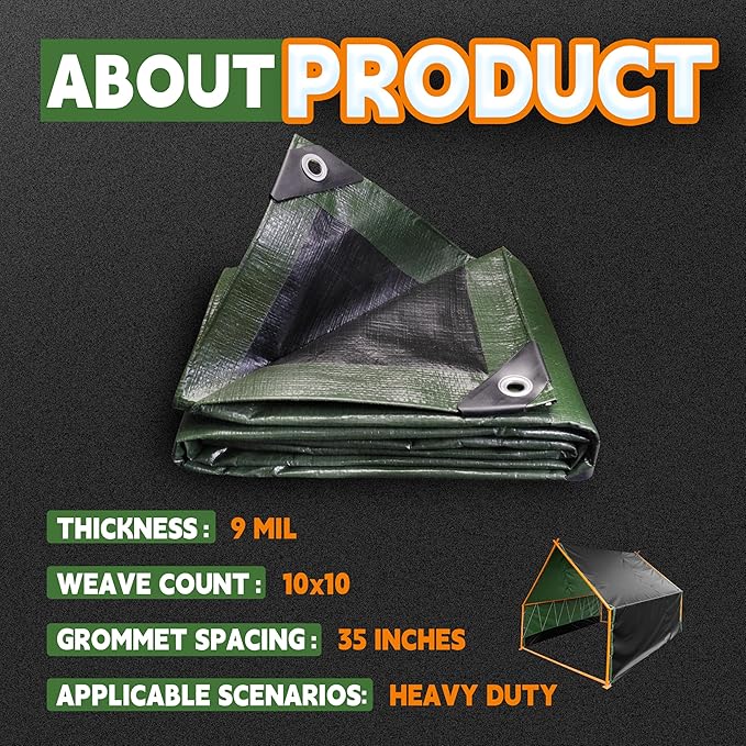 16x20 Feet Tarp Waterproof,9Mil Thick,Finished Size Tarps,UV Resistant,Durable,Multipurpose Poly Tarp Cover with Metal Grommets and Reinforced Edges,Green/Black by RAINDEWAY