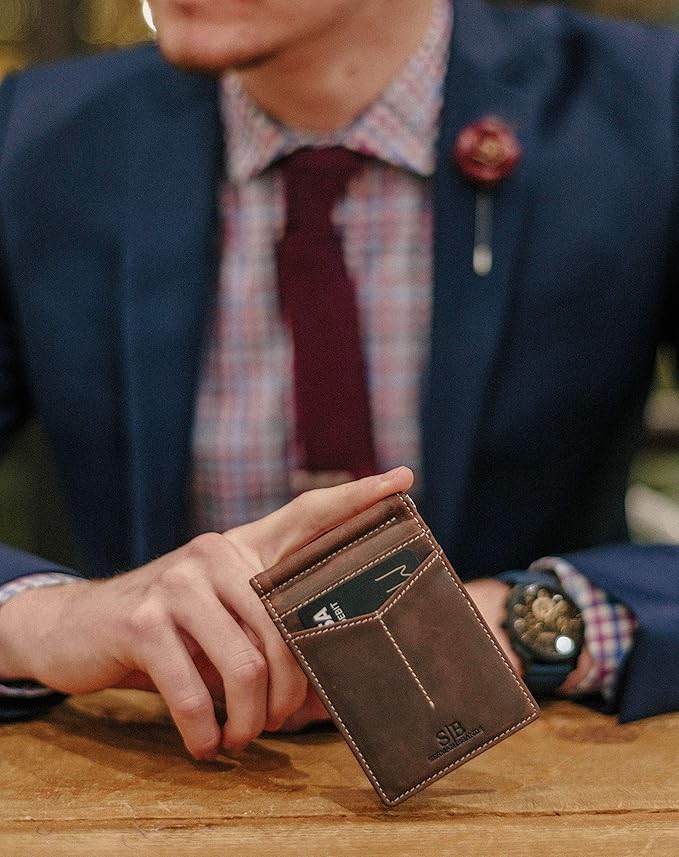 SERMAN BRANDS RFID Blocking Wallet Slim Bifold - Genuine Leather Minimalist Front Pocket Wallets for Men with Money Clip Gift